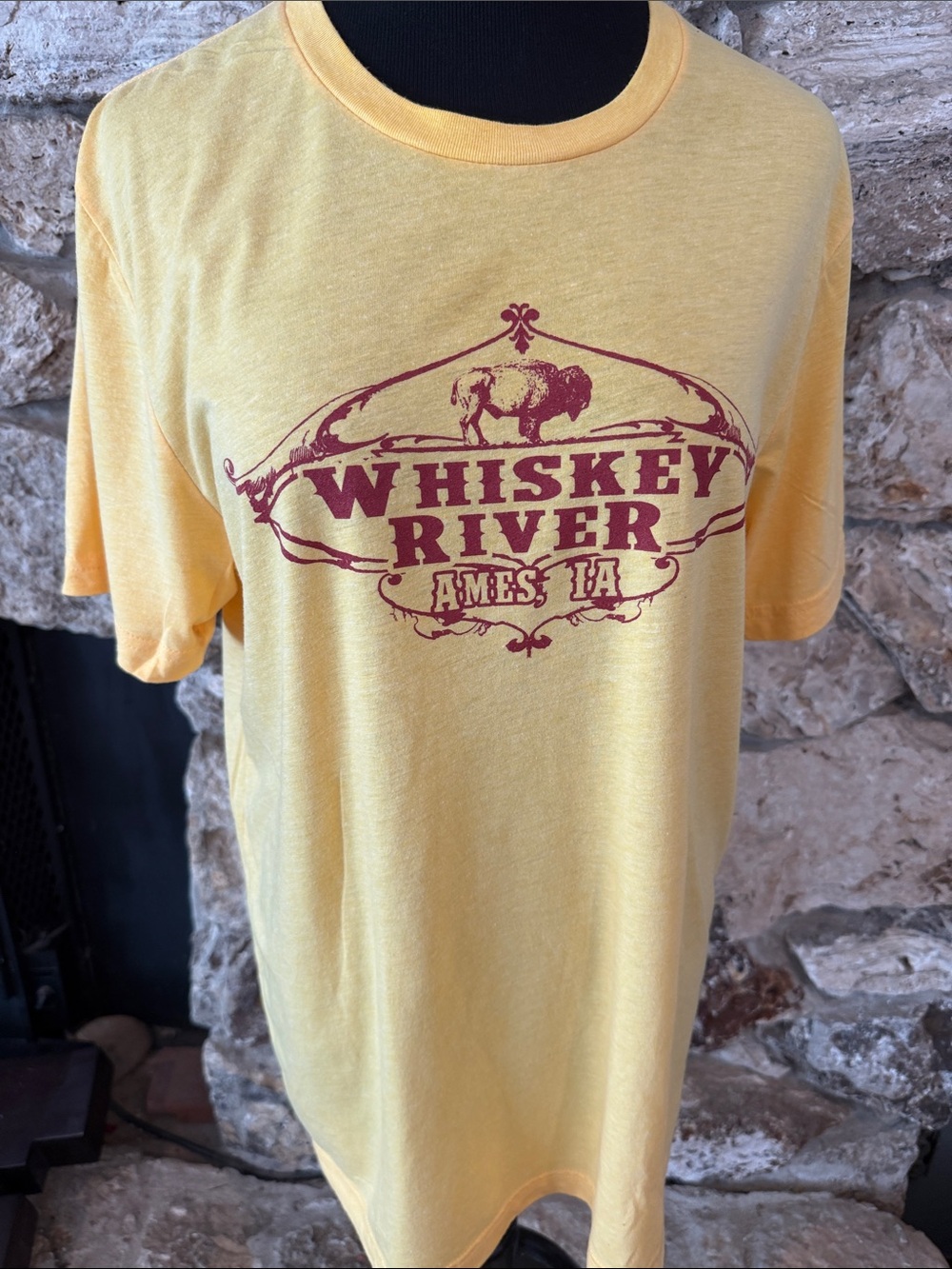 Bella Canvas Yellow Tee with Burgundy 'Whiskey River' Graphic